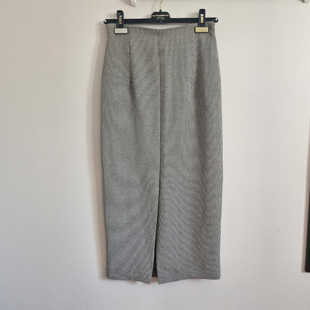 Vintage Midi Pencil Skirt High Waisted Size Small 27 Front Slit Gray Knit Zip Up